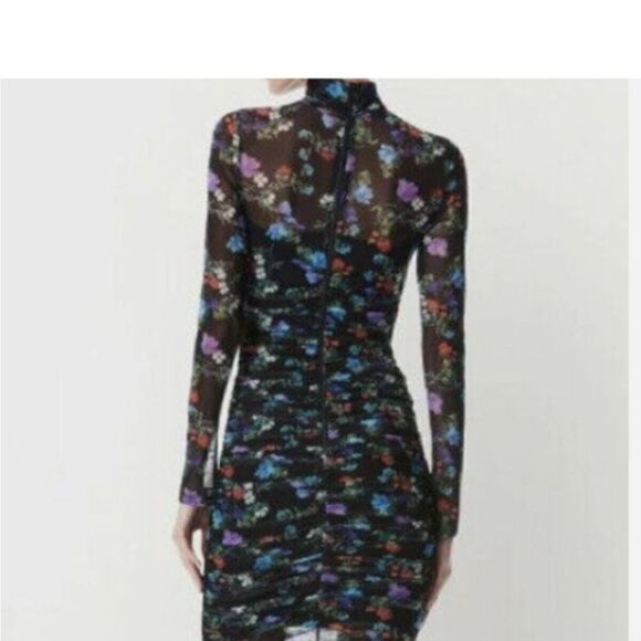 ALICE + OLIVIA DELORA FLORAL RUCHED STRETCH MESH BODY-CON BLACK DRESS sz 4 - Picture 6 of 11